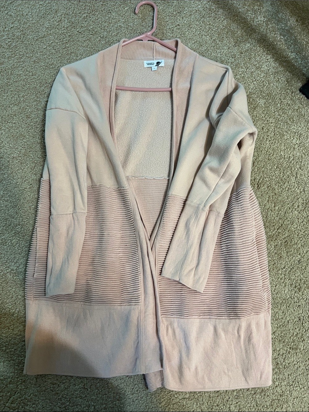Light Pink Open-Front Ribbed Panel Cardigan Sweater